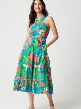 J. Crew Green Floral Cross-Back Tiered Midi Dress